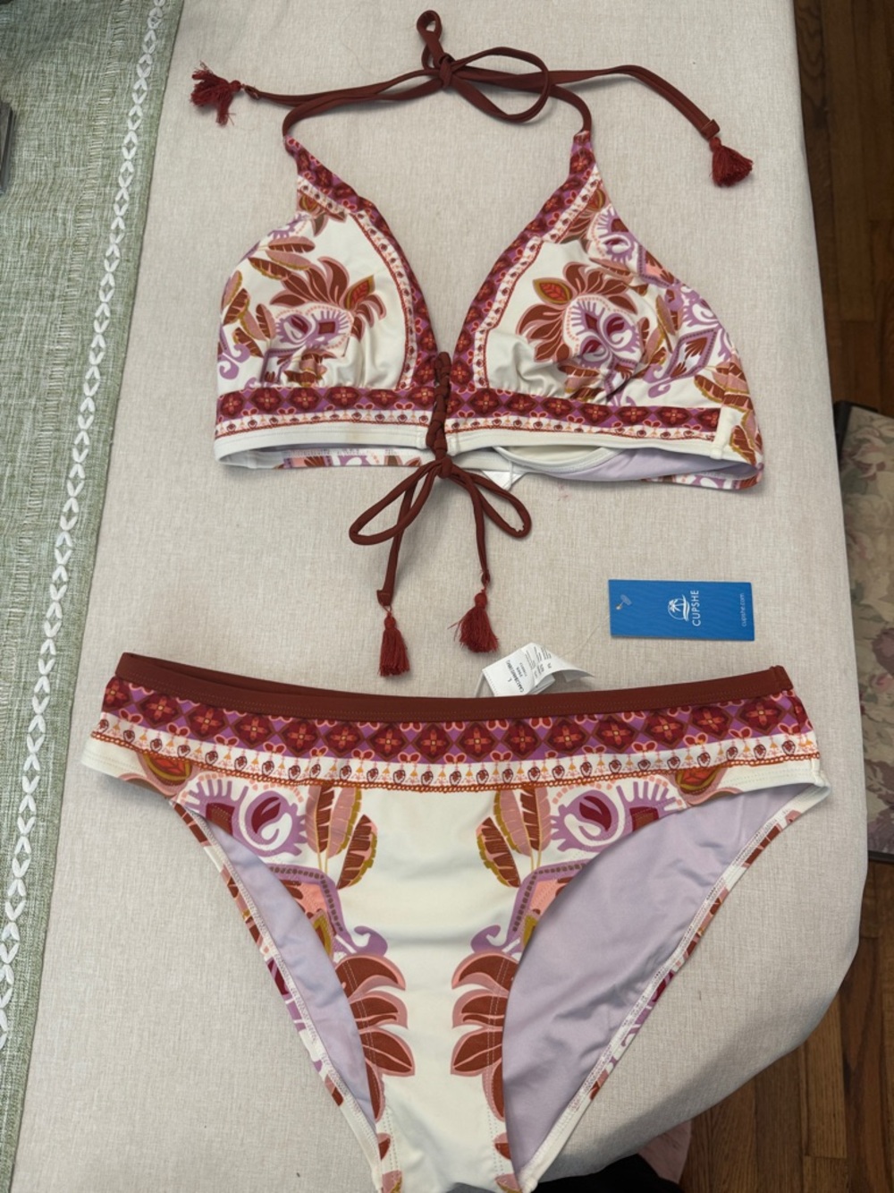 Floral Tassel Halter Bikini Set - Cream & Mauve